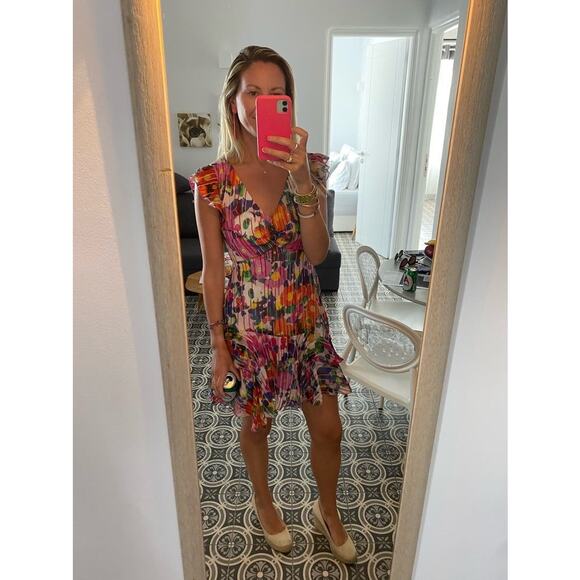 SALONI Pink Printed Silk Flutter Sleeves V-Neckline Ruffled Skirt Catia Dress 4 - Picture 14 of 15